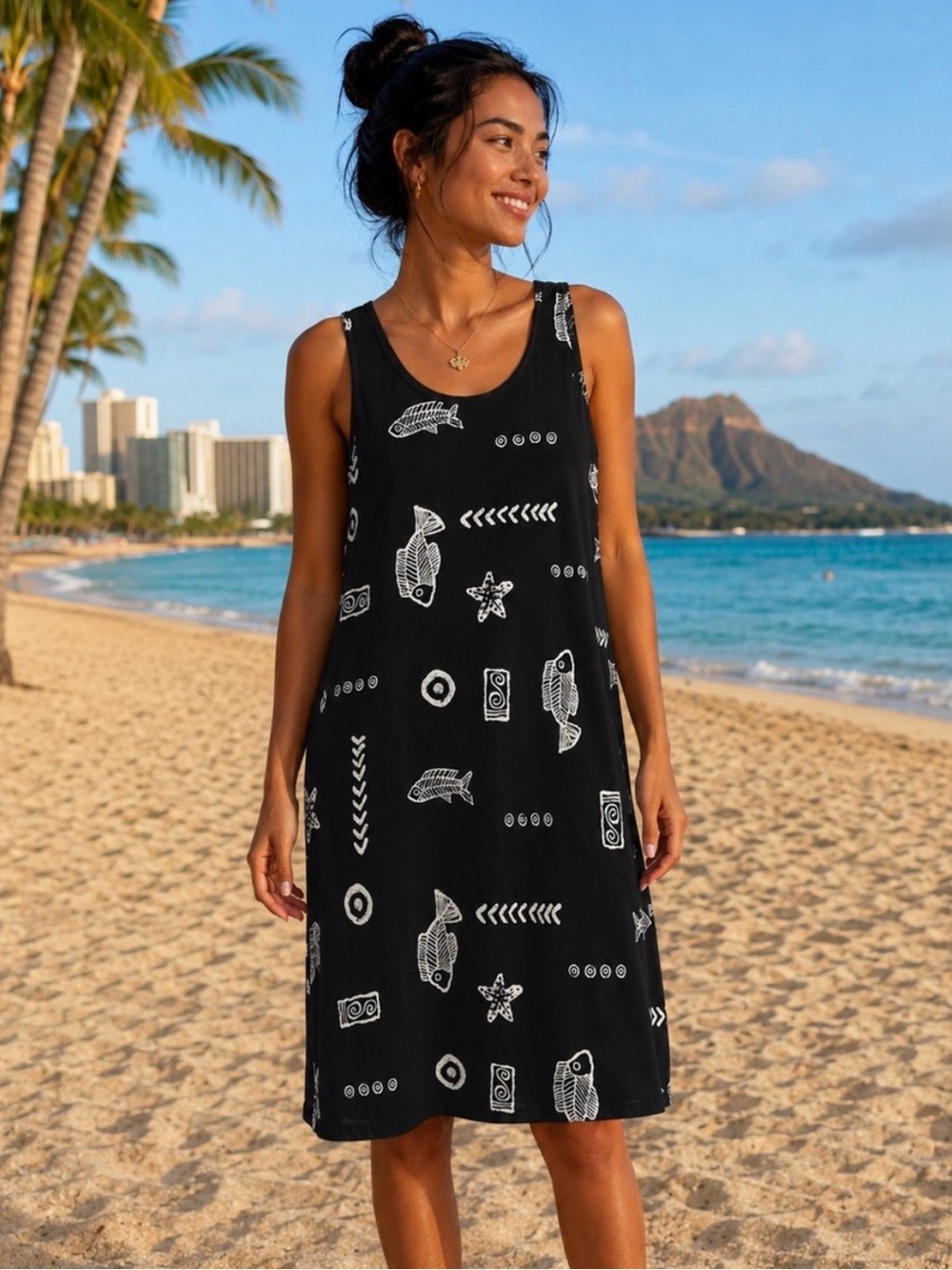 Baba Hawaii Shift Tank Top Beach Dress With Fish Motif Sleeveless 100% Cotton